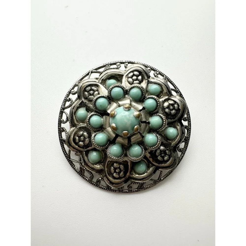 Vintage Faux Turquoise Cabochon Silver Tone Filigree Floral Brooch Pin